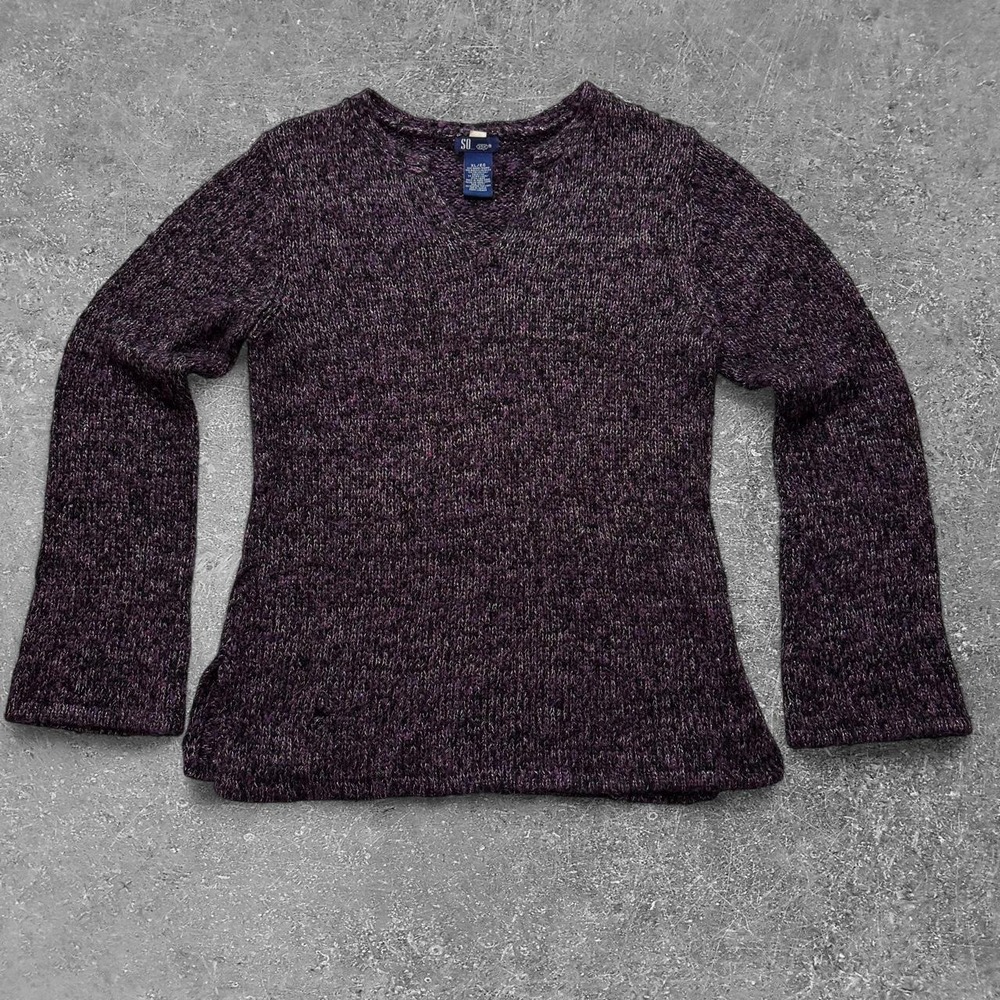 SO Women Purple Black Marled Knit Sweater XL Ramie Acrylic Blend V-Neck Top